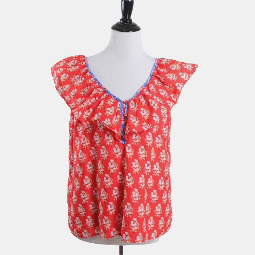 J Crew Size S Ruffle V Neck Top Cotton Classic Block Print Orange - Picture 3 of 11